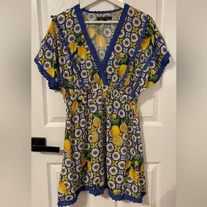 Lemon Print Dress with Blue Accents